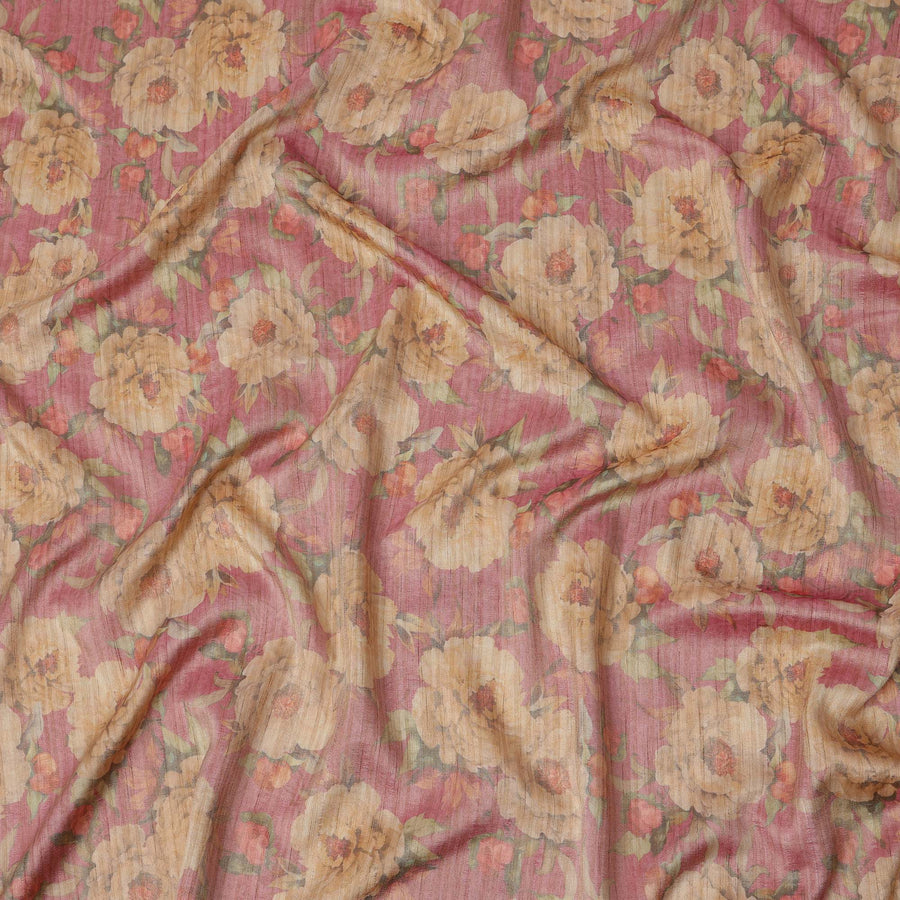 Rose Pink Base Floral Printed Viscose Tussar Fabric with Beige and Olive Accents, 110 Cms Width, Made in India-D24347