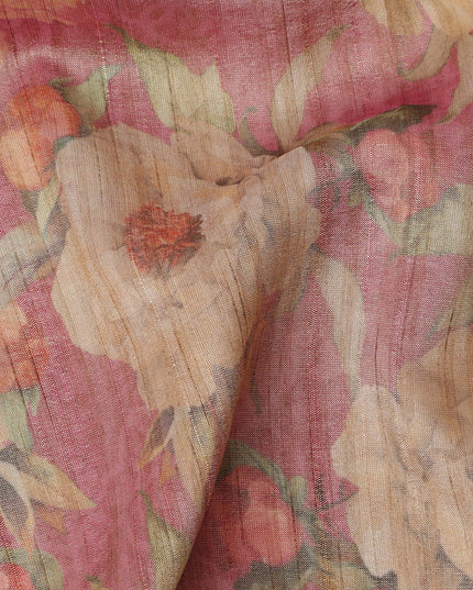Rose Pink Base Floral Printed Viscose Tussar Fabric with Beige and Olive Accents, 110 Cms Width, Made in India-D24347