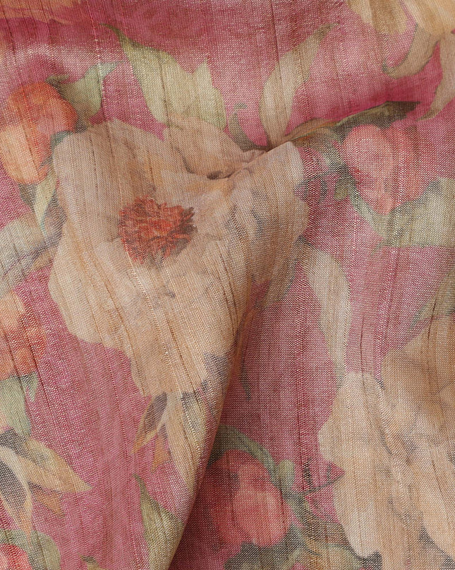 Rose Pink Base Floral Printed Viscose Tussar Fabric with Beige and Olive Accents, 110 Cms Width, Made in India-D24347