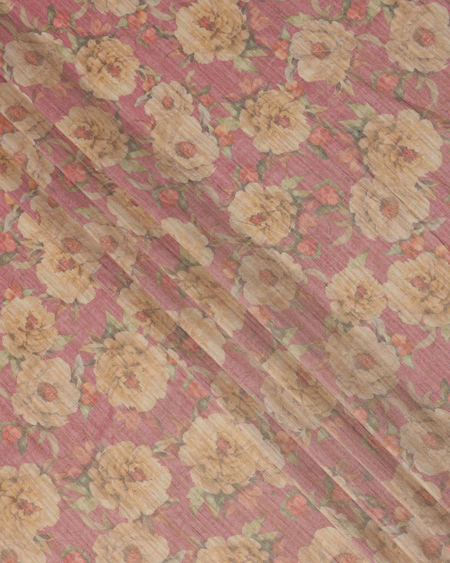 Rose Pink Base Floral Printed Viscose Tussar Fabric with Beige and Olive Accents, 110 Cms Width, Made in India-D24347