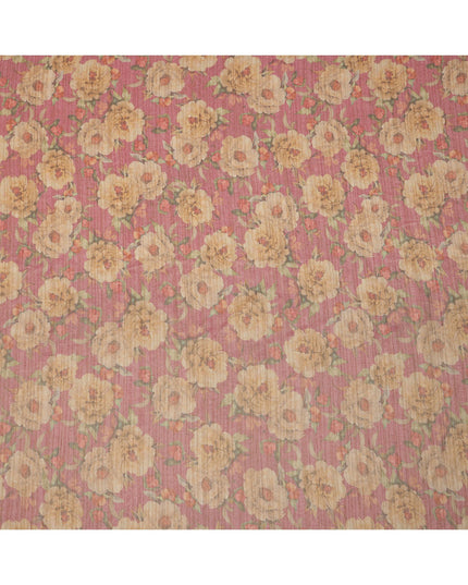 Rose Pink Base Floral Printed Viscose Tussar Fabric with Beige and Olive Accents, 110 Cms Width, Made in India-D24347
