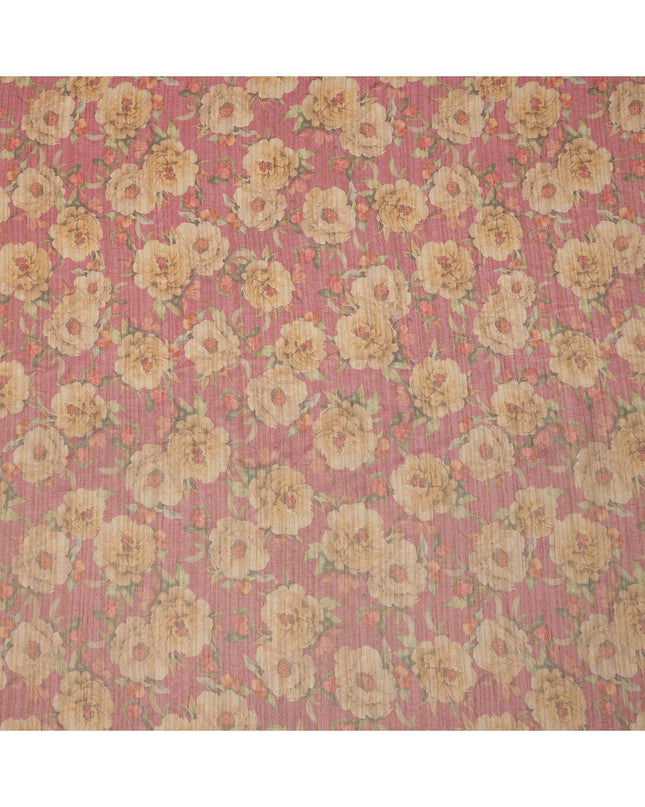Rose Pink Base Floral Printed Viscose Tussar Fabric with Beige and Olive Accents, 110 Cms Width, Made in India-D24347