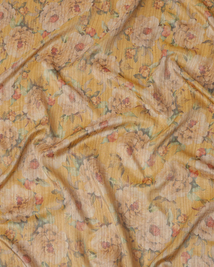 Mustard Yellow Base Floral Printed Viscose Tussar Fabric with Beige Blooms and Green Leaves, 110 Cms Width, Made in India-D24348