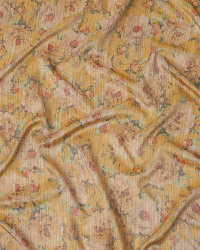 Mustard Yellow Base Floral Printed Viscose Tussar Fabric with Beige Blooms and Green Leaves, 110 Cms Width, Made in India-D24348
