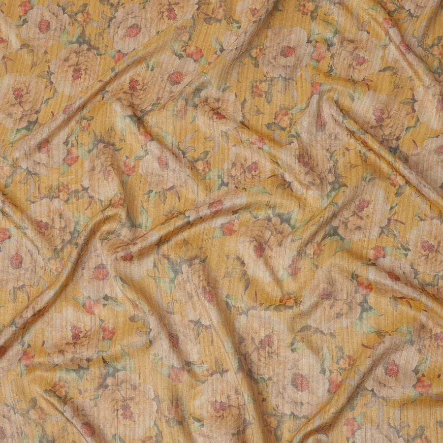 Mustard Yellow Base Floral Printed Viscose Tussar Fabric with Beige Blooms and Green Leaves, 110 Cms Width, Made in India-D24348