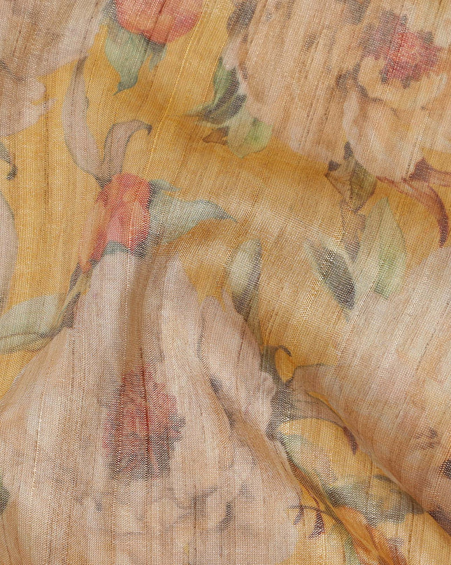 Mustard Yellow Base Floral Printed Viscose Tussar Fabric with Beige Blooms and Green Leaves, 110 Cms Width, Made in India-D24348
