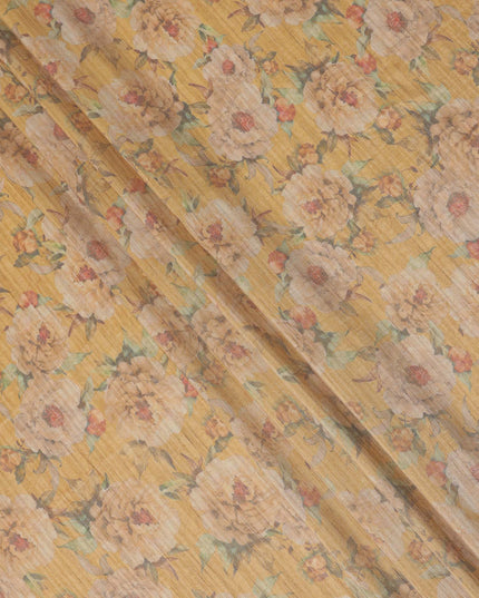 Mustard Yellow Base Floral Printed Viscose Tussar Fabric with Beige Blooms and Green Leaves, 110 Cms Width, Made in India-D24348