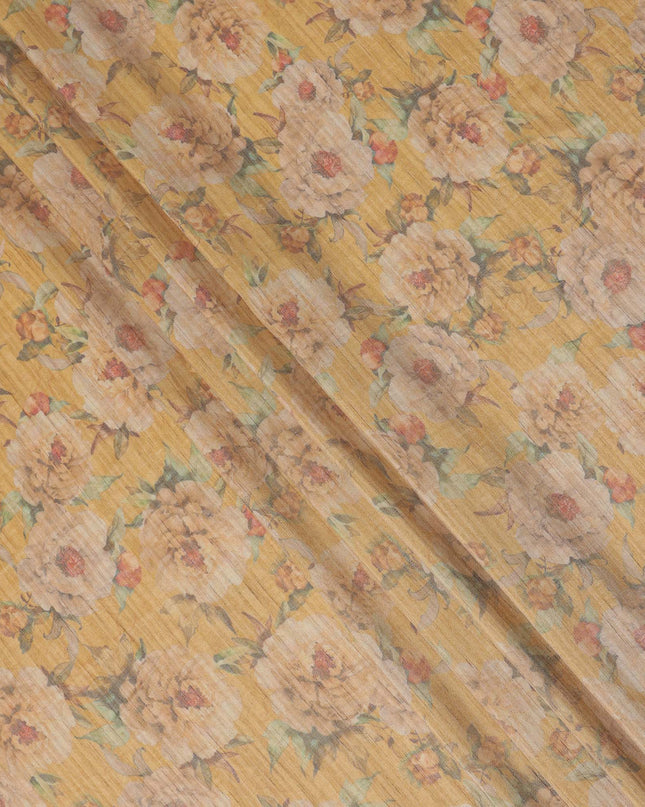 Mustard Yellow Base Floral Printed Viscose Tussar Fabric with Beige Blooms and Green Leaves, 110 Cms Width, Made in India-D24348
