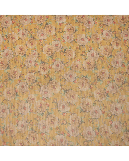 Mustard Yellow Base Floral Printed Viscose Tussar Fabric with Beige Blooms and Green Leaves, 110 Cms Width, Made in India-D24348