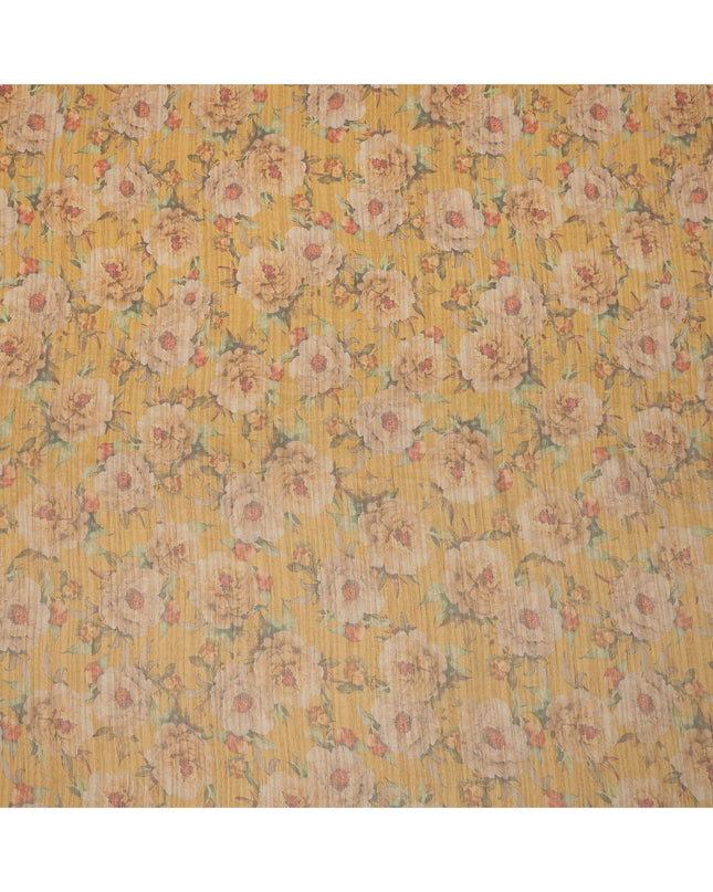 Mustard Yellow Base Floral Printed Viscose Tussar Fabric with Beige Blooms and Green Leaves, 110 Cms Width, Made in India-D24348