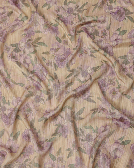 Beige Base Purple Floral Printed Viscose Tussar Fabric with Green Leaf Motifs, 110 Cms Width, Made in India-D24349