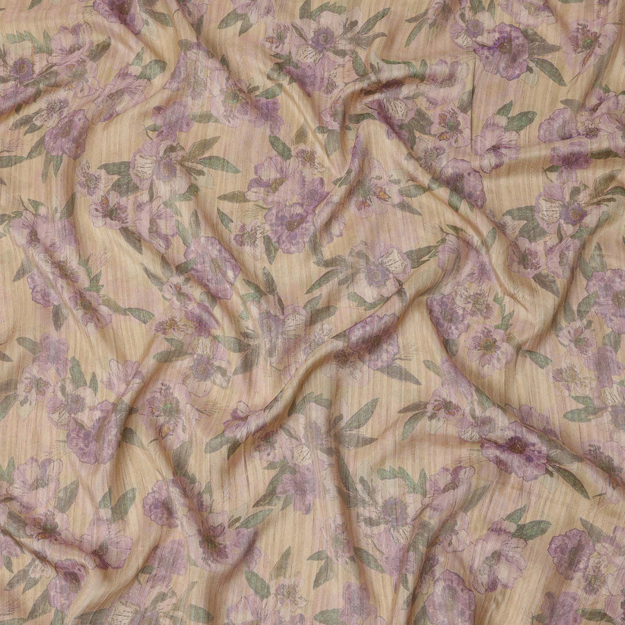 Beige Base Purple Floral Printed Viscose Tussar Fabric with Green Leaf Motifs, 110 Cms Width, Made in India-D24349