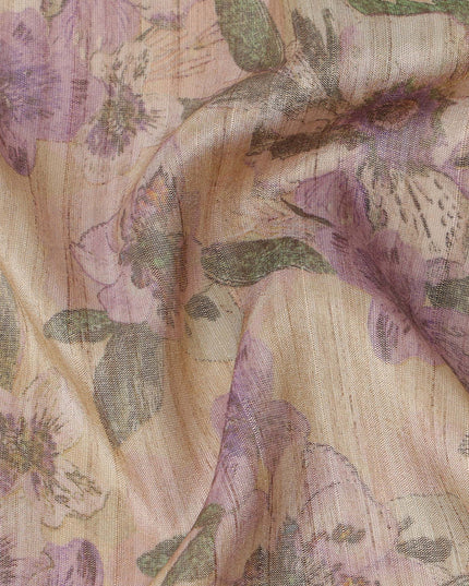Beige Base Purple Floral Printed Viscose Tussar Fabric with Green Leaf Motifs, 110 Cms Width, Made in India-D24349