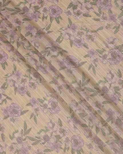Beige Base Purple Floral Printed Viscose Tussar Fabric with Green Leaf Motifs, 110 Cms Width, Made in India-D24349