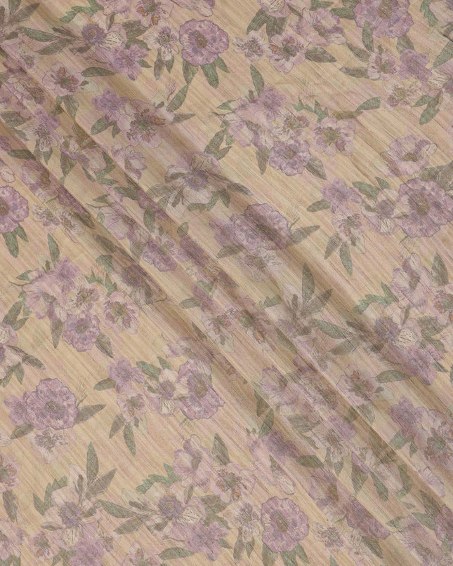 Beige Base Purple Floral Printed Viscose Tussar Fabric with Green Leaf Motifs, 110 Cms Width, Made in India-D24349