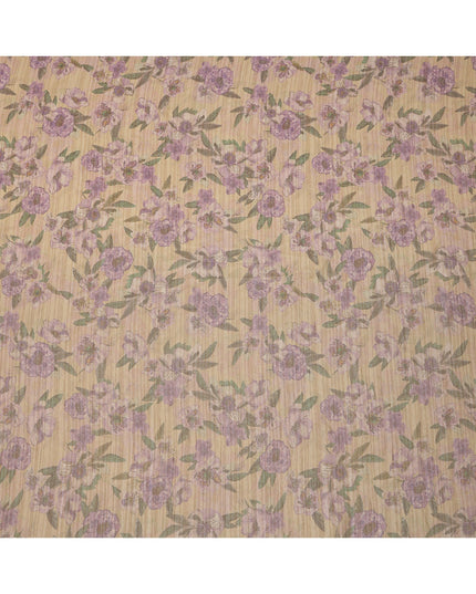 Beige Base Purple Floral Printed Viscose Tussar Fabric with Green Leaf Motifs, 110 Cms Width, Made in India-D24349
