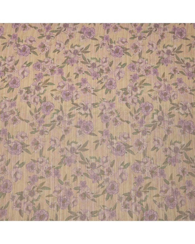 Beige Base Purple Floral Printed Viscose Tussar Fabric with Green Leaf Motifs, 110 Cms Width, Made in India-D24349