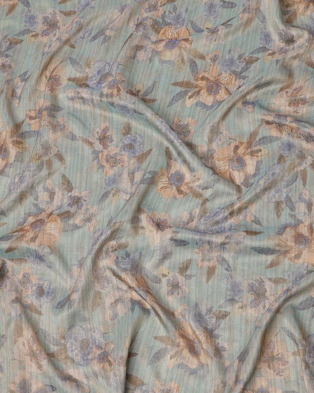 Sky Blue Base Multicolor Floral Printed Viscose Tussar Fabric with Subtle Striped Texture, 110 Cms Width, Made in India-D24350