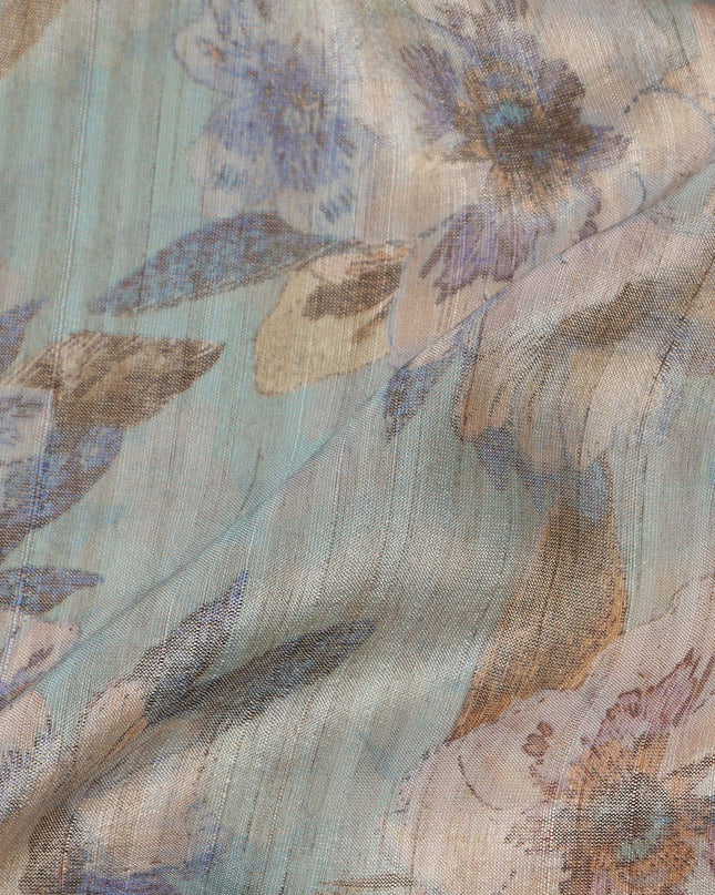 Sky Blue Base Multicolor Floral Printed Viscose Tussar Fabric with Subtle Striped Texture, 110 Cms Width, Made in India-D24350