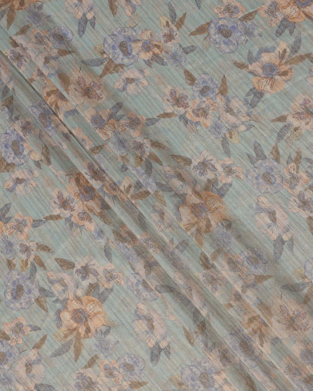 Sky Blue Base Multicolor Floral Printed Viscose Tussar Fabric with Subtle Striped Texture, 110 Cms Width, Made in India-D24350