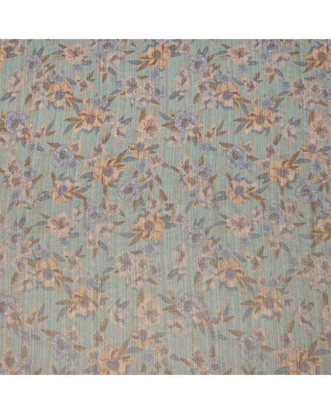 Sky Blue Base Multicolor Floral Printed Viscose Tussar Fabric with Subtle Striped Texture, 110 Cms Width, Made in India-D24350