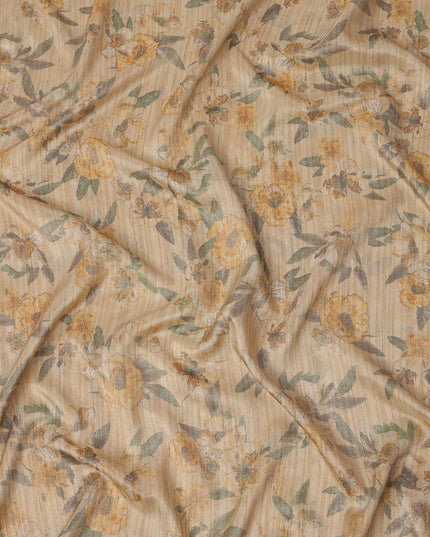 Beige Base Yellow Floral Printed Viscose Tussar Fabric with Striped Texture, 110 Cms Width, Made in India-D24351