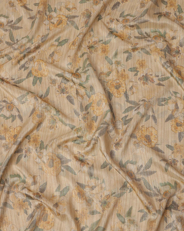 Beige Base Yellow Floral Printed Viscose Tussar Fabric with Striped Texture, 110 Cms Width, Made in India-D24351