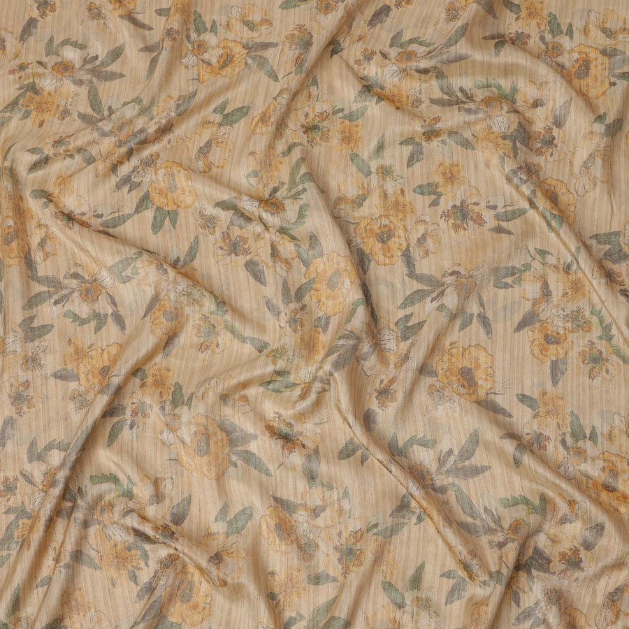 Beige Base Yellow Floral Printed Viscose Tussar Fabric with Striped Texture, 110 Cms Width, Made in India-D24351