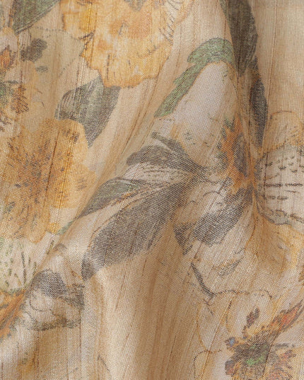 Beige Base Yellow Floral Printed Viscose Tussar Fabric with Striped Texture, 110 Cms Width, Made in India-D24351