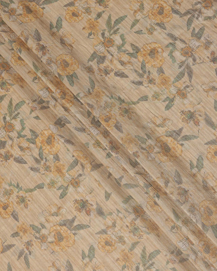 Beige Base Yellow Floral Printed Viscose Tussar Fabric with Striped Texture, 110 Cms Width, Made in India-D24351