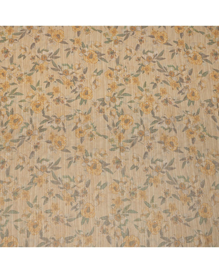 Beige Base Yellow Floral Printed Viscose Tussar Fabric with Striped Texture, 110 Cms Width, Made in India-D24351