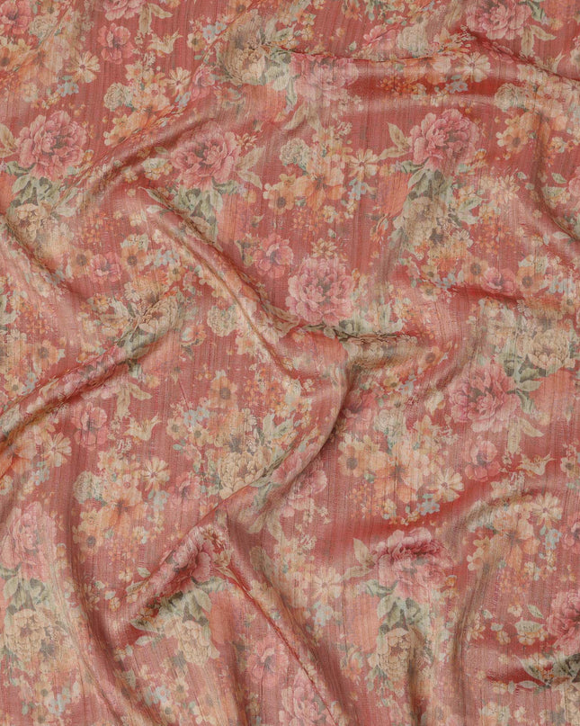 Rust Red Base Multicolor Vintage Floral Printed Viscose Tussar Fabric with Subtle Stripes, 110 Cms Width, Made in India-D24352