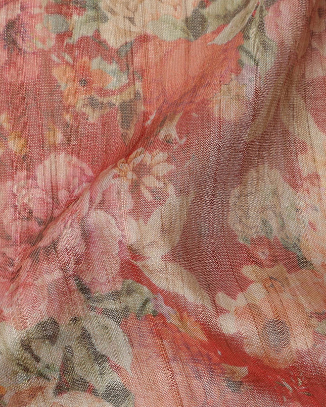 Rust Red Base Multicolor Vintage Floral Printed Viscose Tussar Fabric with Subtle Stripes, 110 Cms Width, Made in India-D24352
