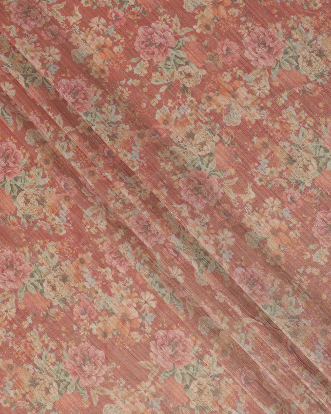 Rust Red Base Multicolor Vintage Floral Printed Viscose Tussar Fabric with Subtle Stripes, 110 Cms Width, Made in India-D24352