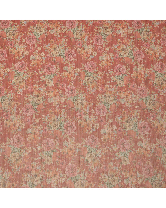 Rust Red Base Multicolor Vintage Floral Printed Viscose Tussar Fabric with Subtle Stripes, 110 Cms Width, Made in India-D24352