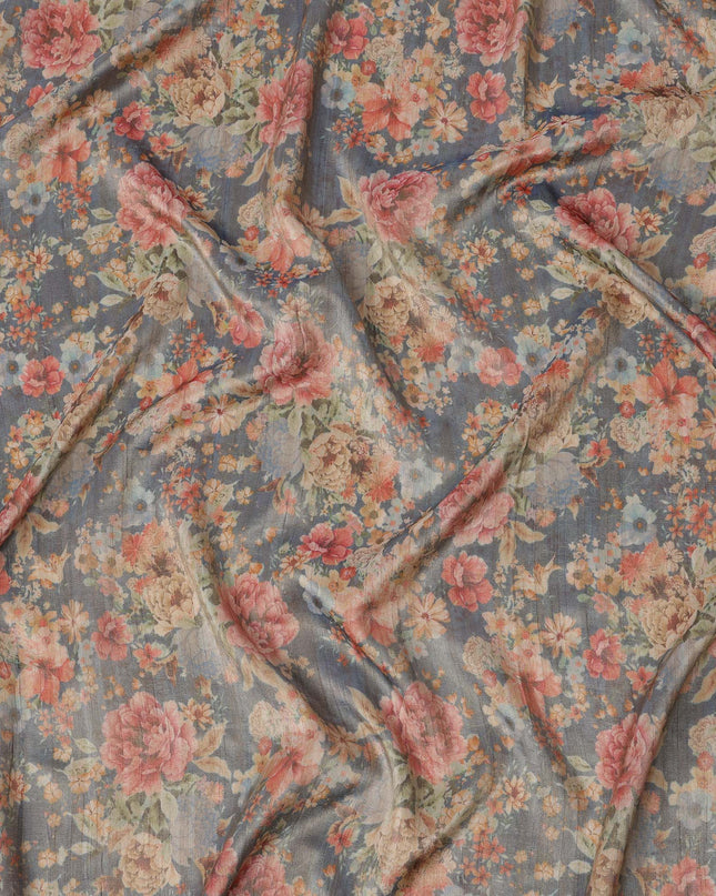 Slate Blue Base Multicolor Vintage Floral Printed Viscose Tussar Fabric with Subtle Stripes, 110 Cms Width, Made in India-D24353