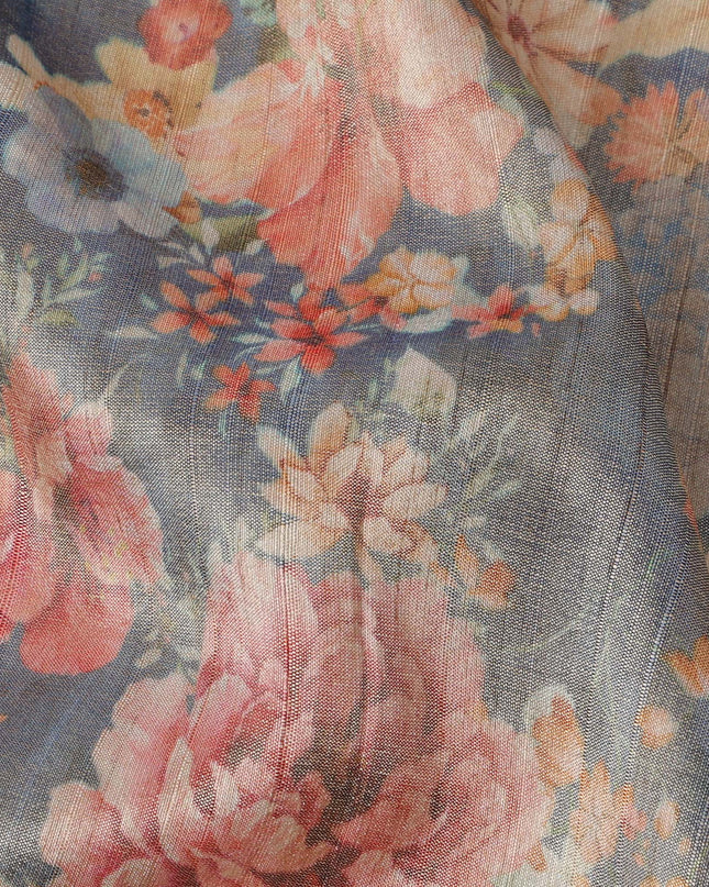 Slate Blue Base Multicolor Vintage Floral Printed Viscose Tussar Fabric with Subtle Stripes, 110 Cms Width, Made in India-D24353