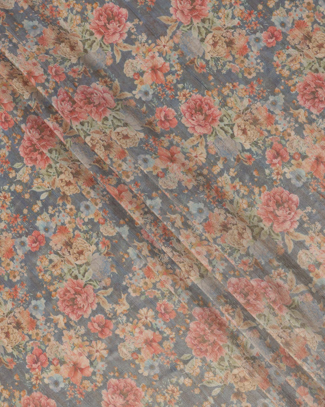 Slate Blue Base Multicolor Vintage Floral Printed Viscose Tussar Fabric with Subtle Stripes, 110 Cms Width, Made in India-D24353