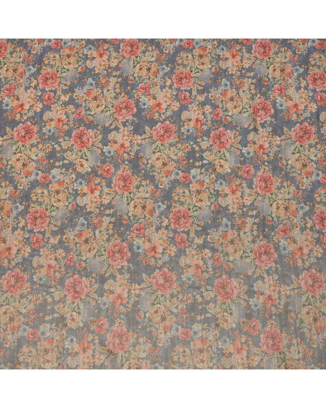 Slate Blue Base Multicolor Vintage Floral Printed Viscose Tussar Fabric with Subtle Stripes, 110 Cms Width, Made in India-D24353