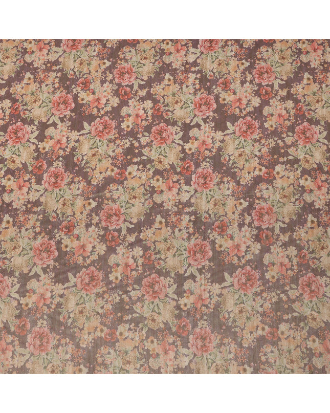 قماش توسار من الفيسكوز بطبعة زهور عتيقة متعدد الألوان، بقاعدة بنية شوكولاتة، بخطوط رفيعة، عرض 110 سم، صنع في الهند - D24354