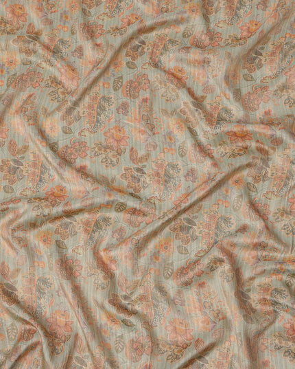 Dusty Sage Green Base with Orange Paisley Floral Printed Viscose Tussar Fabric with Subtle Vertical Stripes, 110 Cms Width, Made in India-D24355