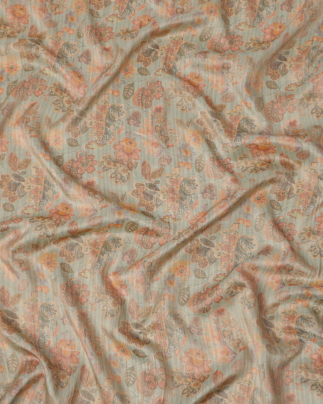 Dusty Sage Green Base with Orange Paisley Floral Printed Viscose Tussar Fabric with Subtle Vertical Stripes, 110 Cms Width, Made in India-D24355