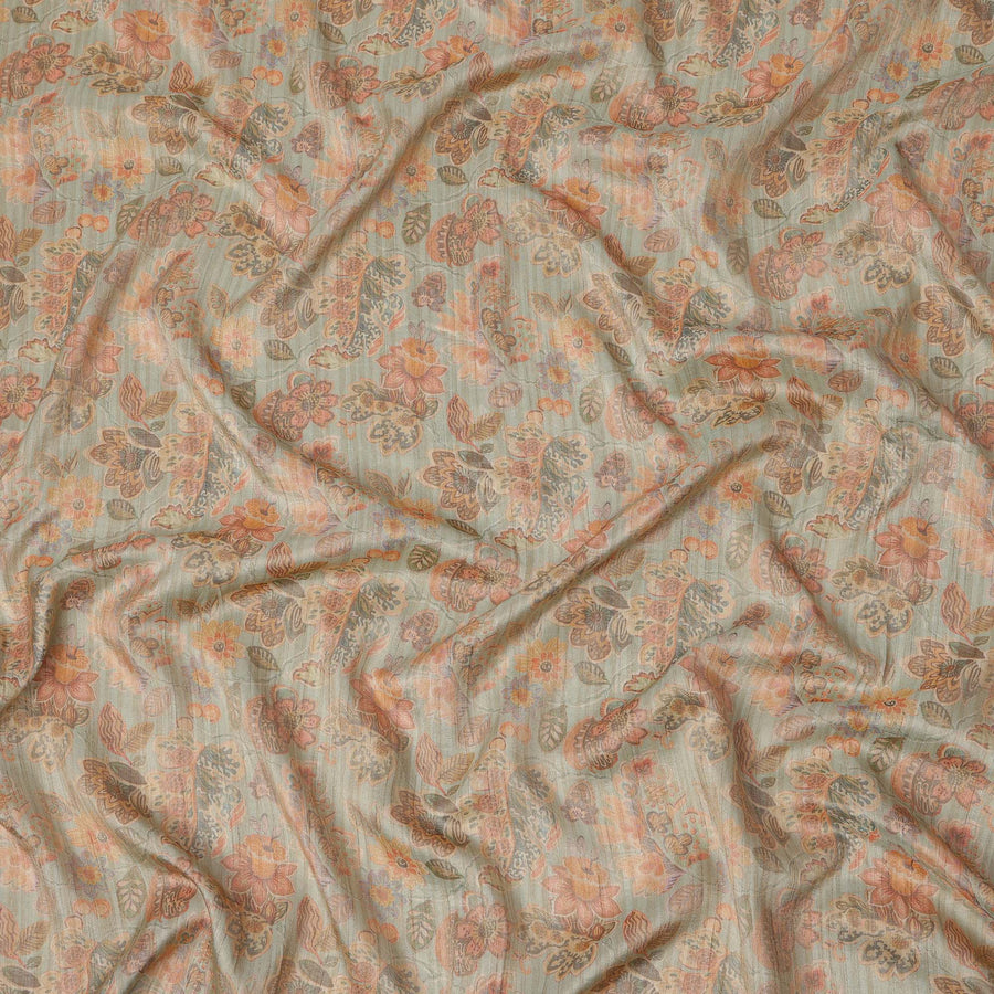 Dusty Sage Green Base with Orange Paisley Floral Printed Viscose Tussar Fabric with Subtle Vertical Stripes, 110 Cms Width, Made in India-D24355