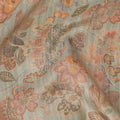 Dusty Sage Green Base with Orange Paisley Floral Printed Viscose Tussar Fabric with Subtle Vertical Stripes, 110 Cms Width, Made in India-D24355