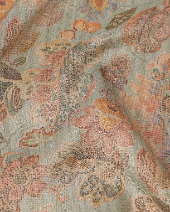 Dusty Sage Green Base with Orange Paisley Floral Printed Viscose Tussar Fabric with Subtle Vertical Stripes, 110 Cms Width, Made in India-D24355