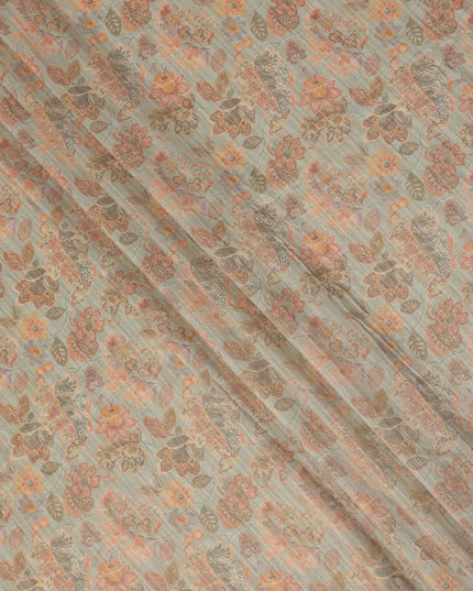 Dusty Sage Green Base with Orange Paisley Floral Printed Viscose Tussar Fabric with Subtle Vertical Stripes, 110 Cms Width, Made in India-D24355