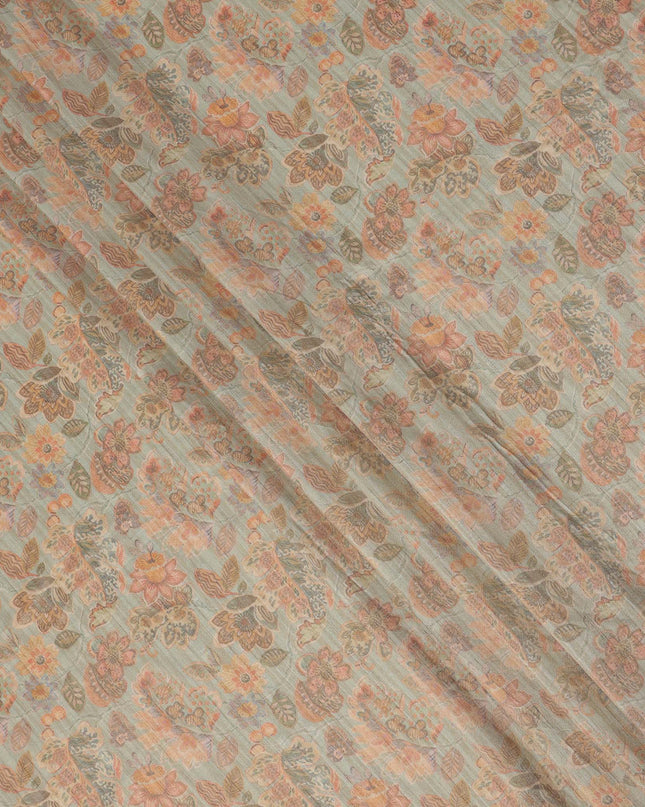 Dusty Sage Green Base with Orange Paisley Floral Printed Viscose Tussar Fabric with Subtle Vertical Stripes, 110 Cms Width, Made in India-D24355