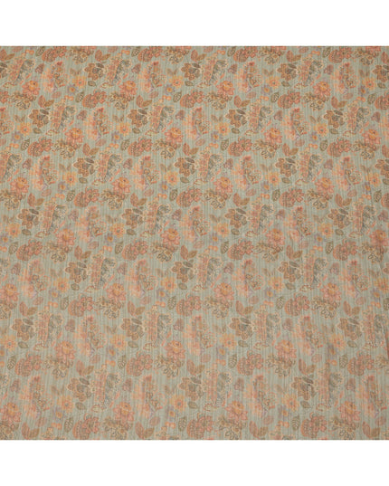 Dusty Sage Green Base with Orange Paisley Floral Printed Viscose Tussar Fabric with Subtle Vertical Stripes, 110 Cms Width, Made in India-D24355
