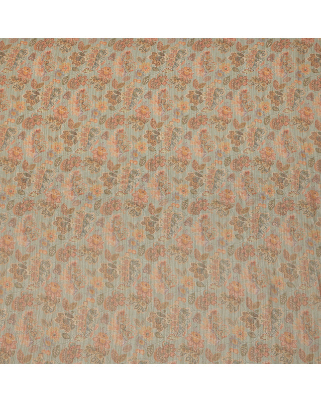 Dusty Sage Green Base with Orange Paisley Floral Printed Viscose Tussar Fabric with Subtle Vertical Stripes, 110 Cms Width, Made in India-D24355