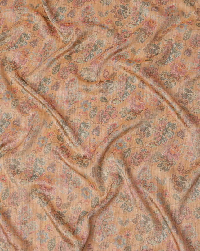 Peach Orange Base with Multi-Colored Paisley and Floral Printed Viscose Tussar Fabric with Subtle Self Stripes, 110 Cms Width, Made in India-D24356